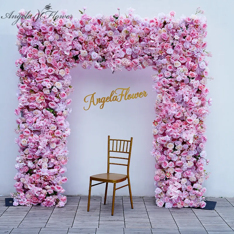 A8630 Pink Rose Cloth Base Flower Row Decor Wedding Backdrop Square Frame