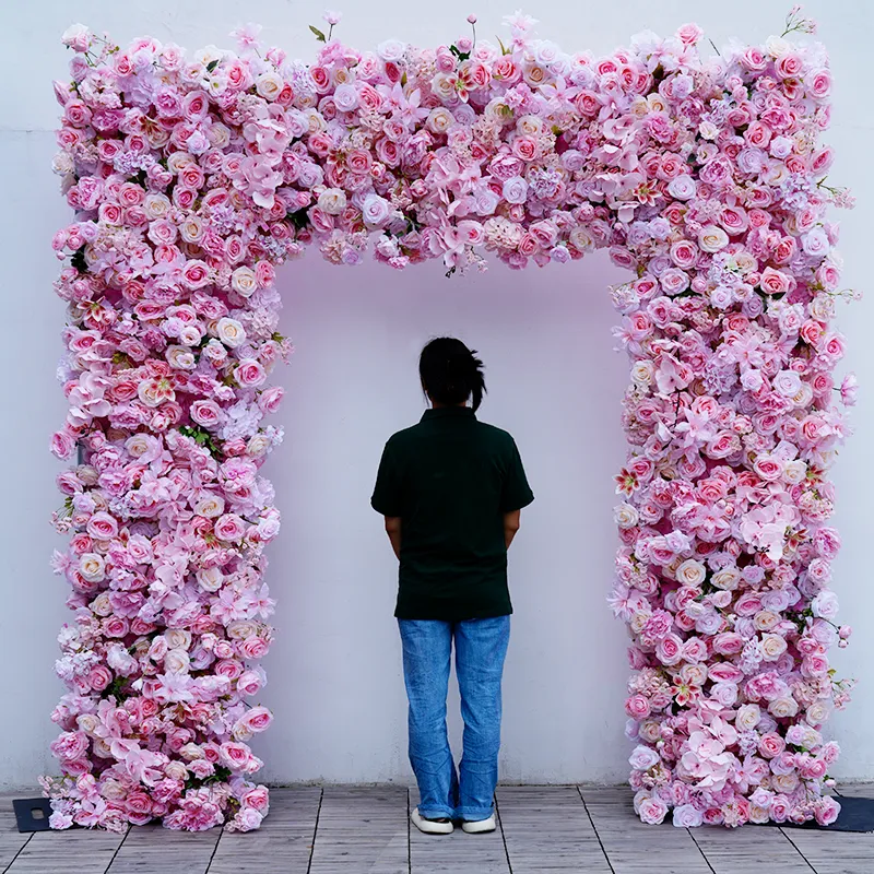 A8630 Pink Rose Cloth Base Flower Row Decor Wedding Backdrop Square Frame