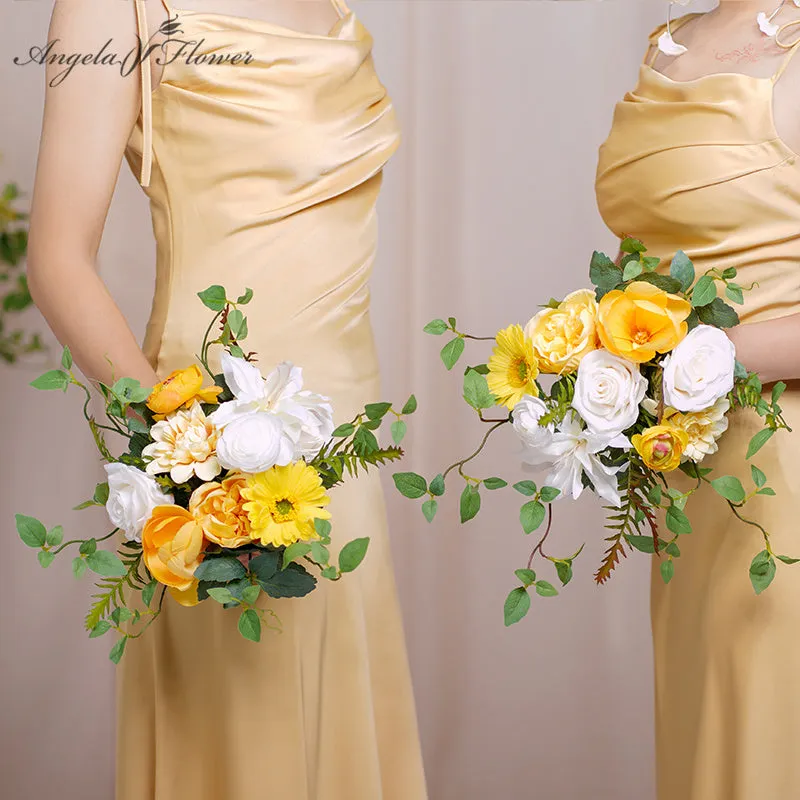 A8635 White Yellow Series Greenery Bridal Bouquet Wedding Floral Arrangement
