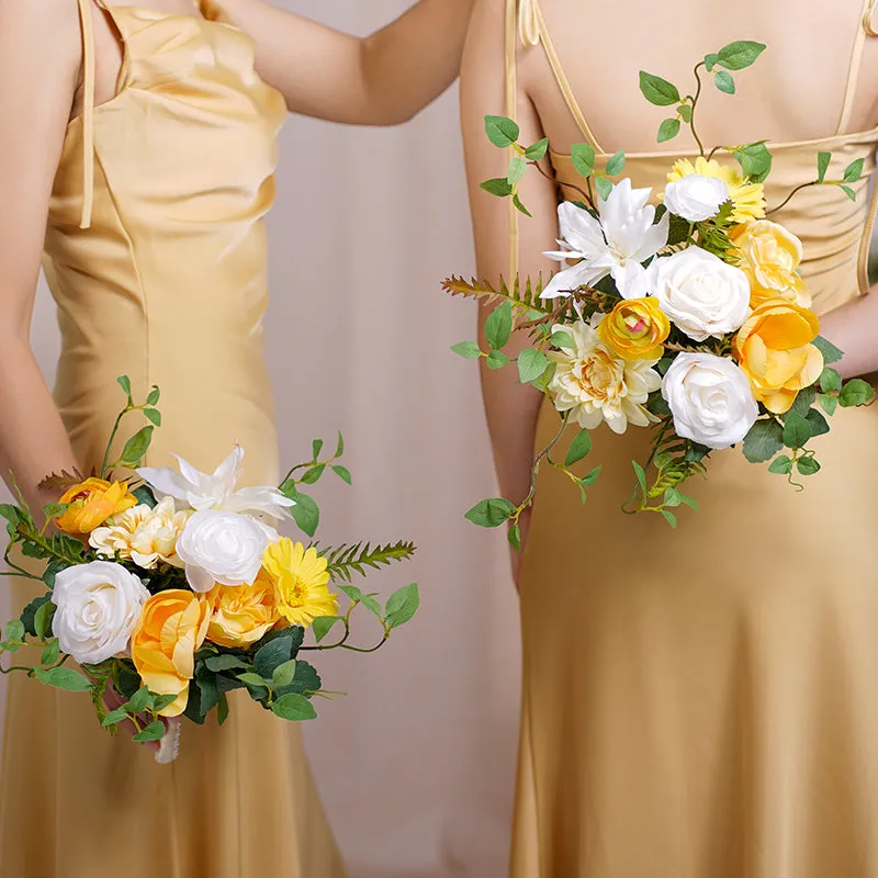 A8635 White Yellow Series Greenery Bridal Bouquet Wedding Floral Arrangement