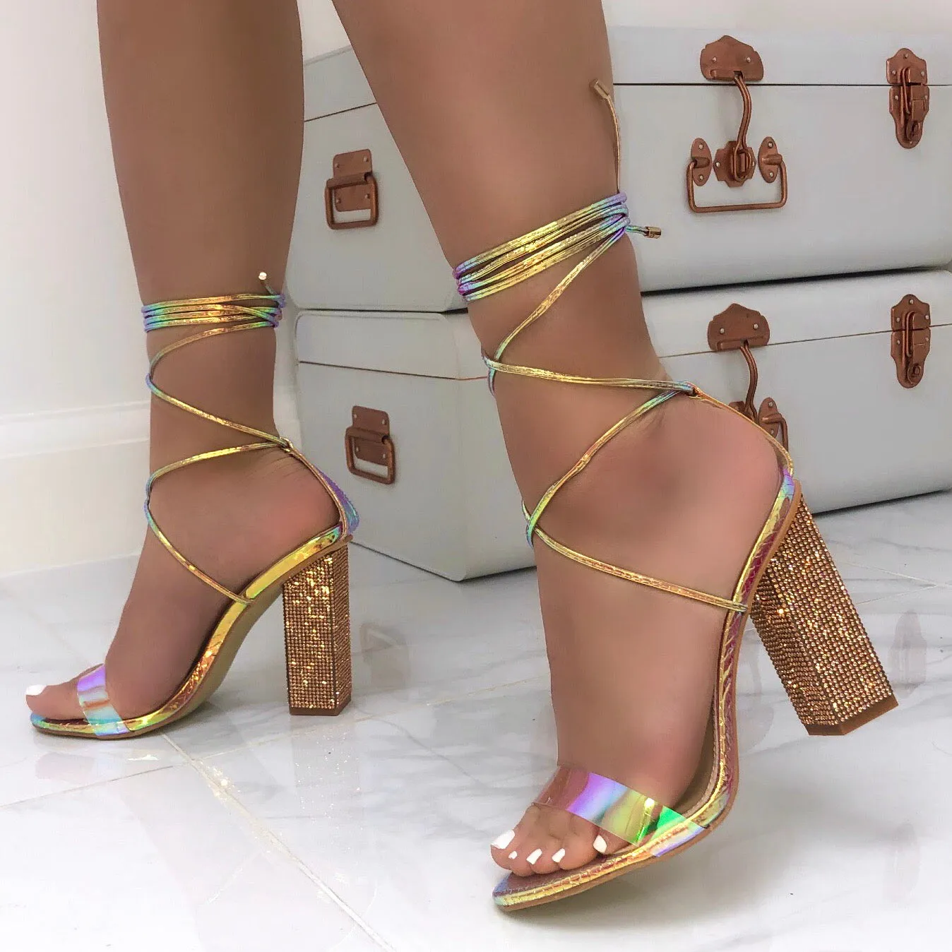 Ariel - Gold Iridescent Snake Print Perspex Tie Up Diamante Block Heel