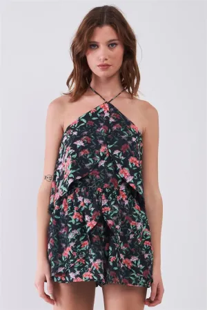 Black Floral Sleeveless Layered Halter Neck Racer Back Strap Detail Romper /1-2-2-1
