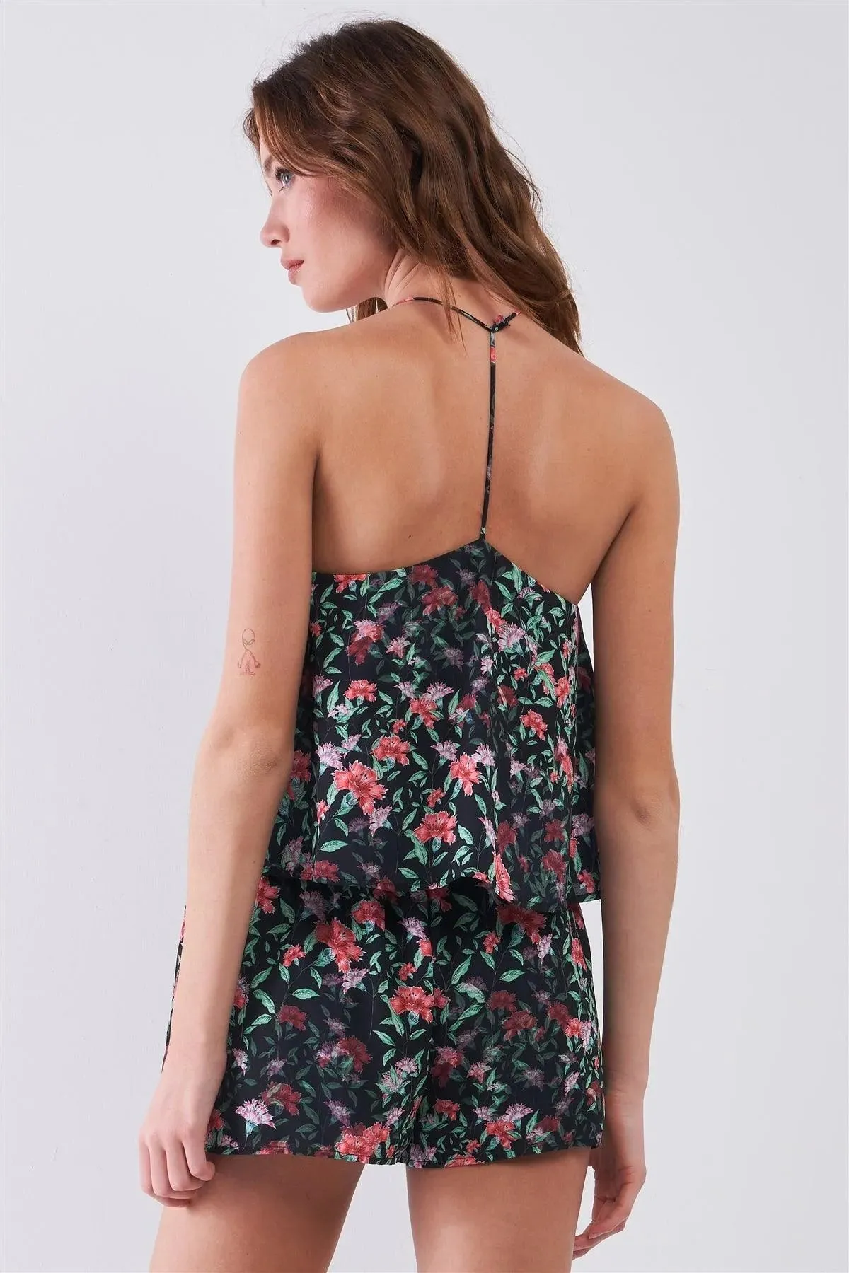 Black Floral Sleeveless Layered Halter Neck Racer Back Strap Detail Romper /1-2-2-1