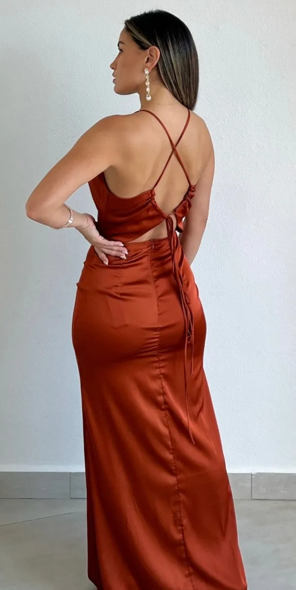 Classic Elegance Rust Satin Formal Dress