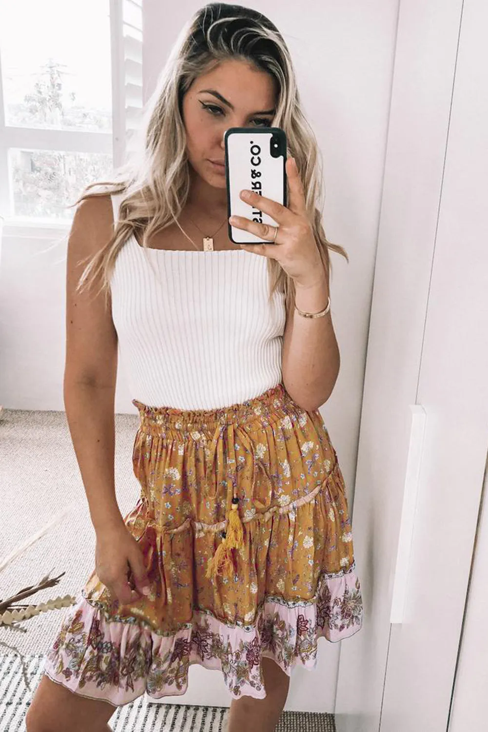 Elisha - Floral Print Tiered Ruffled Drawstring High Waist Skirt