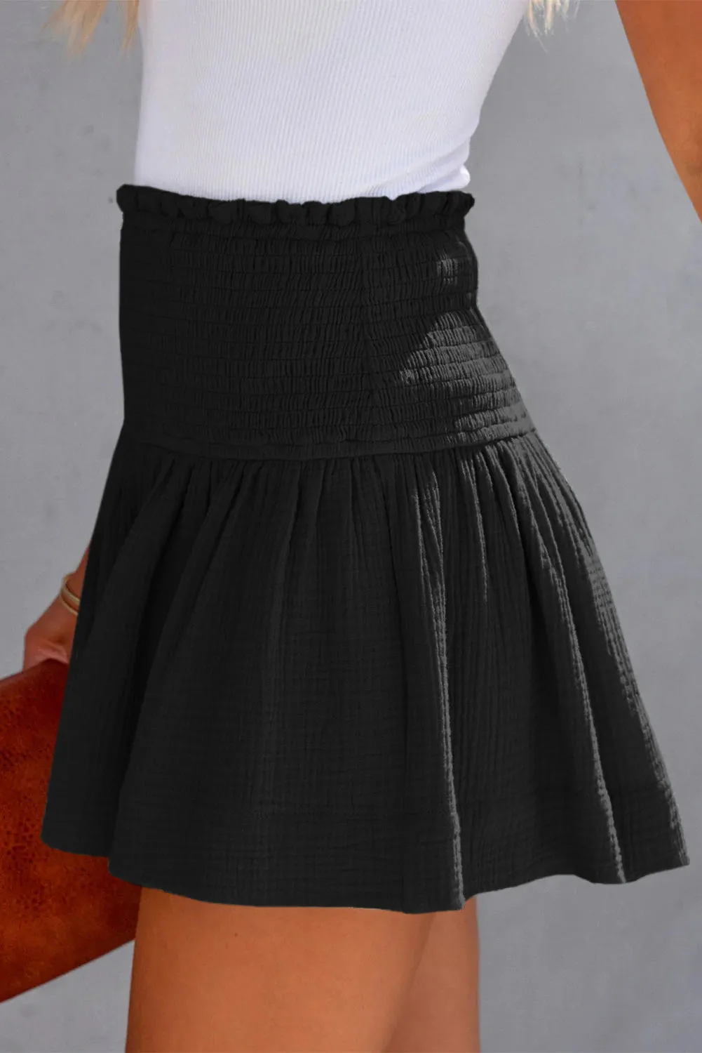 Kristen - Black Smocked High Waist Ruffle Shorts