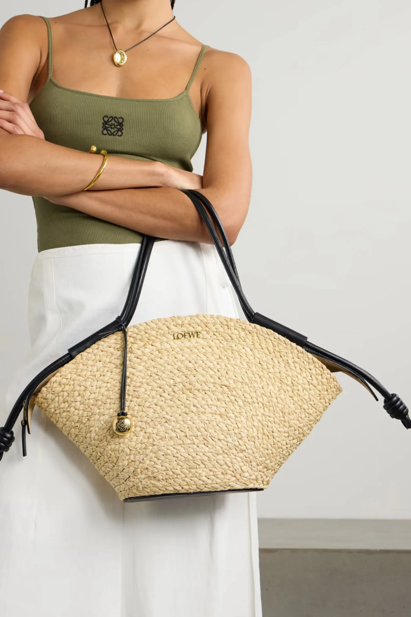 Paseo Small Leather-Trimmed Raffia Tote